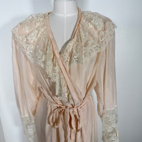 Vintage Linda 100% Silk & Lace Maxi Robe Long Coquette Romantic Light Pink M - Picture 2 of 16
